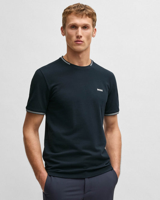 BOSS Green Taul Mens Stretch-Cotton T-Shirt with Stripes and Logo - Dark Blue 402