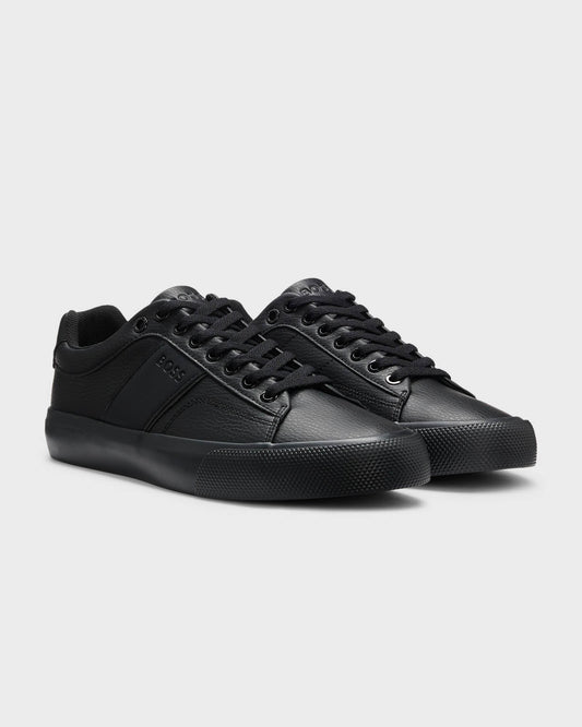 BOSS Orange Aiden Tenn Mens Faux-Leather Trainers with Plain and Grained Textures  - Black 005