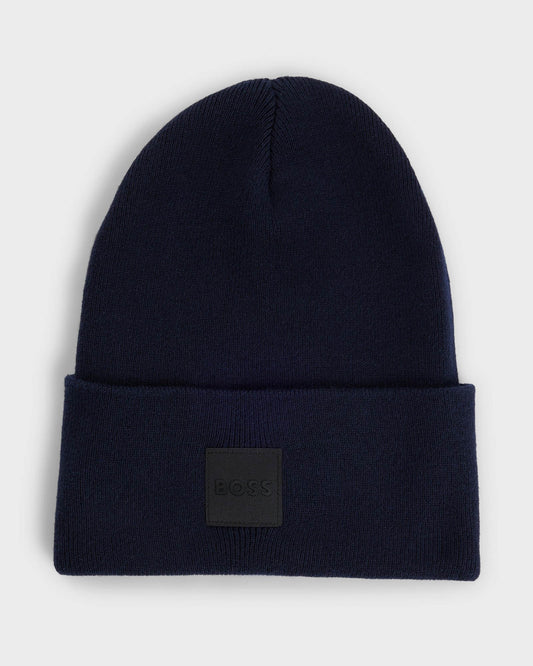 BOSS Orange Fantastico R Mens Beanie Hat in Knitted Cotton with Logo Label  - Dark Blue 404