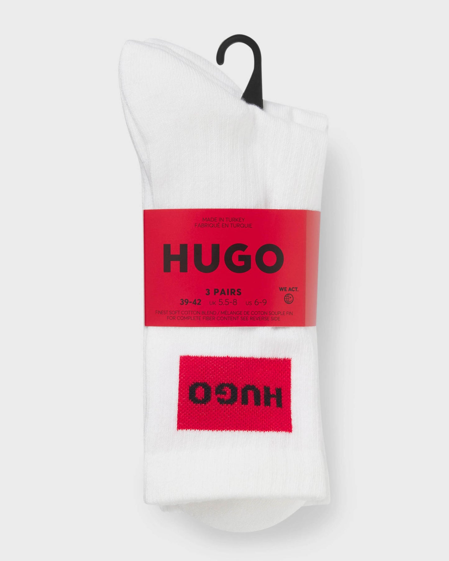 HUGO 3-Pack Quarter Length Combed Cotton Ribbed Mens Socks - White 100