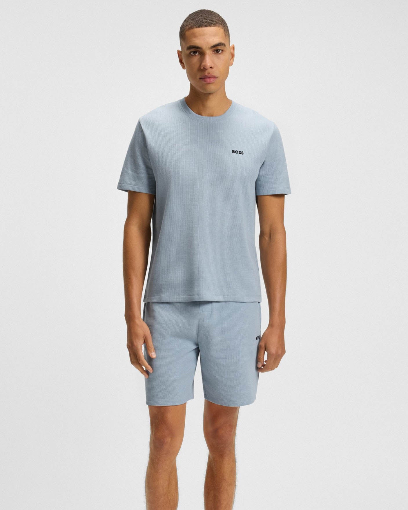 BOSS Orange Waffle Mens Cotton Blend Waffle Structure Pyjama Shorts with Embroidered Logo - Open Blue 483