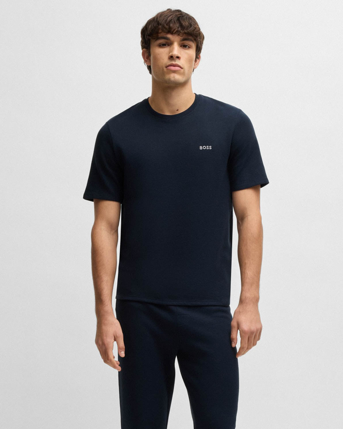 BOSS Orange Waffle Mens Cotton-Blend Pyjama T-Shirt with Embroidered Logo NOS - Dark Blue 403