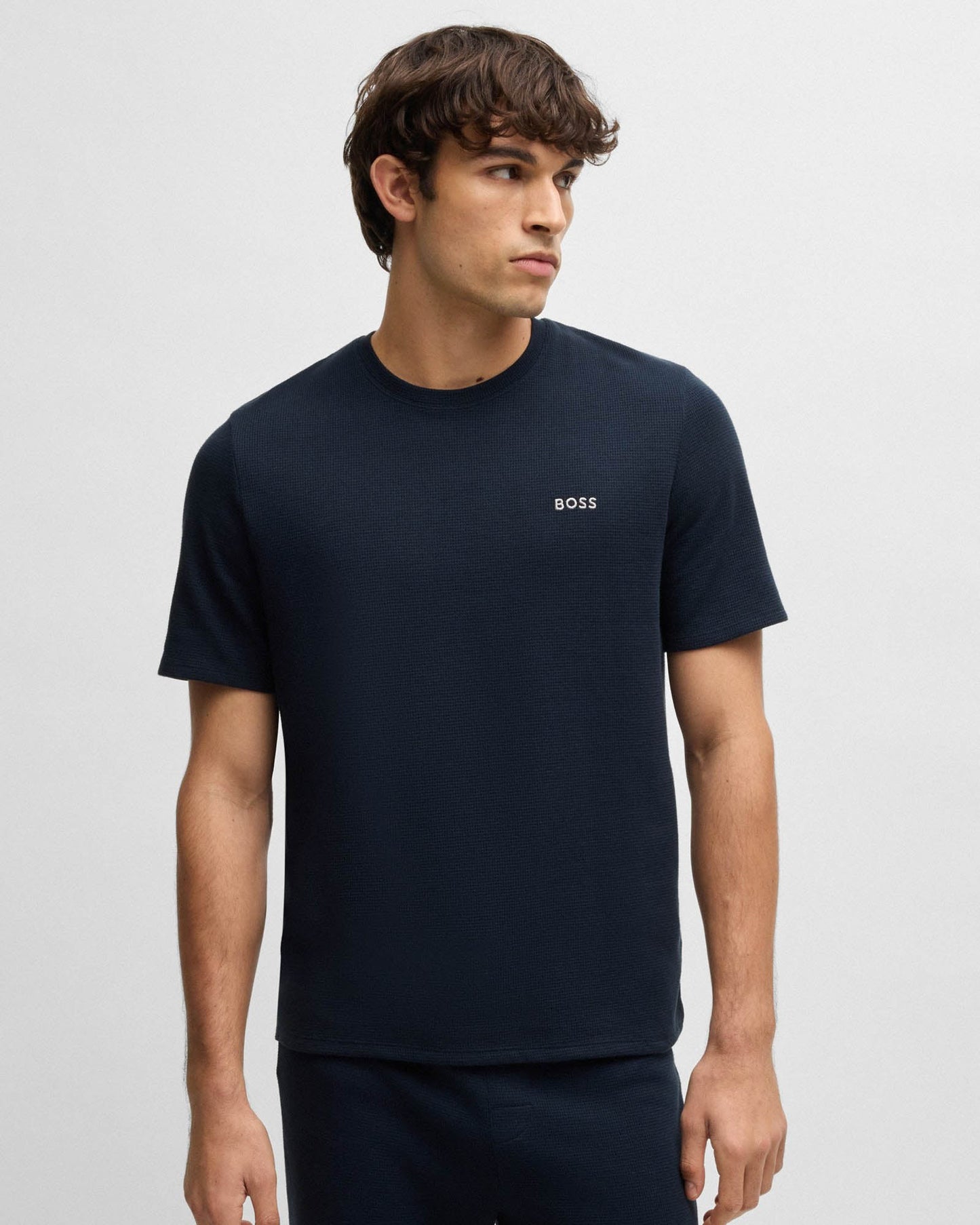 BOSS Orange Waffle Mens Cotton-Blend Pyjama T-Shirt with Embroidered Logo NOS - Dark Blue 403