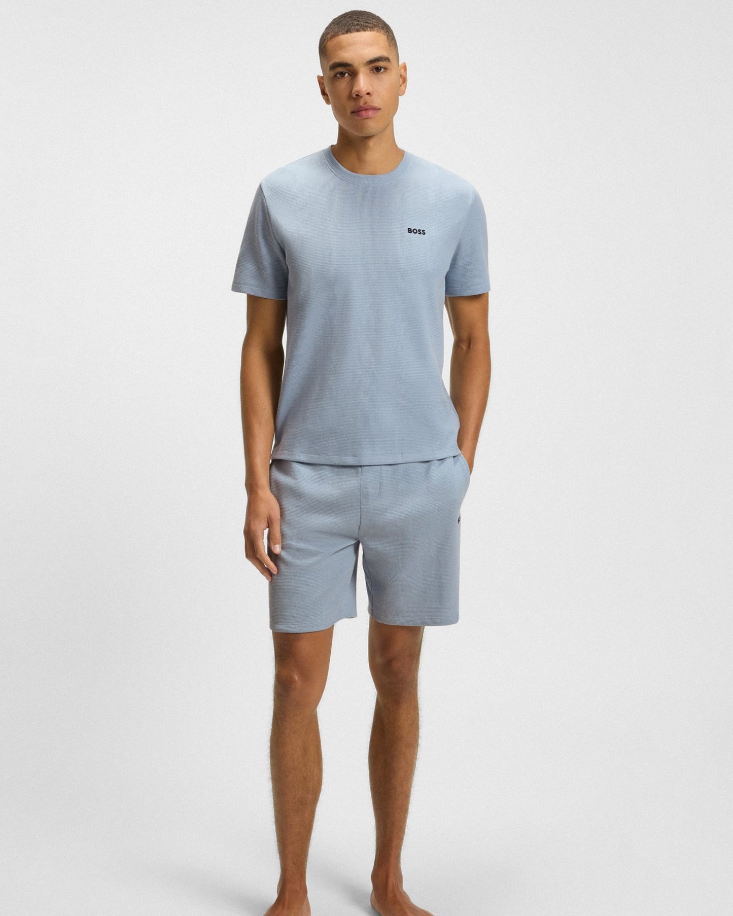 BOSS Orange Waffle Mens Cotton-Blend Pyjama T-Shirt with Embroidered Logo - Open Blue 483
