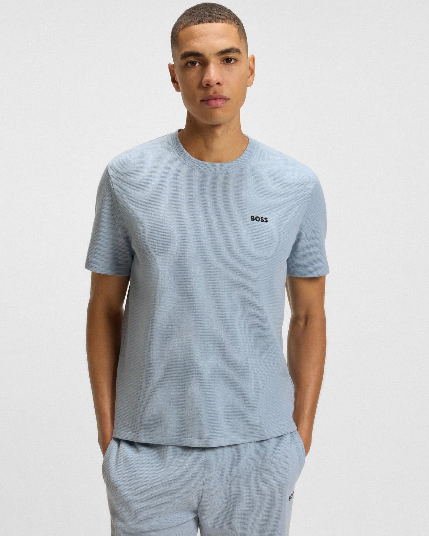BOSS Orange Waffle Mens Cotton-Blend Pyjama T-Shirt with Embroidered Logo - Open Blue 483