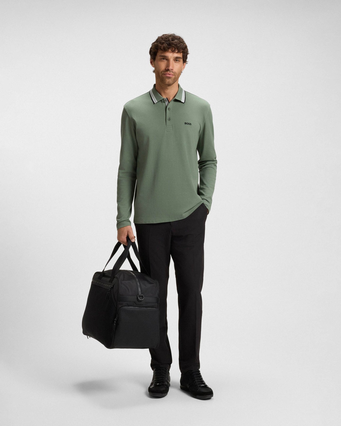 BOSS Green Plisy Mens Long Sleeve Polo Shirt - Open Green 359