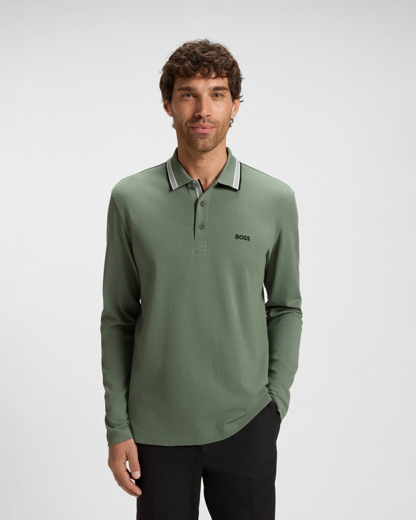 BOSS Green Plisy Mens Long Sleeve Polo Shirt - Open Green 359