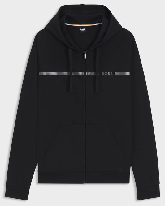 BOSS Orange Authentic Mens Cotton Terry Hoodie with Logo and Stripe- Black 001