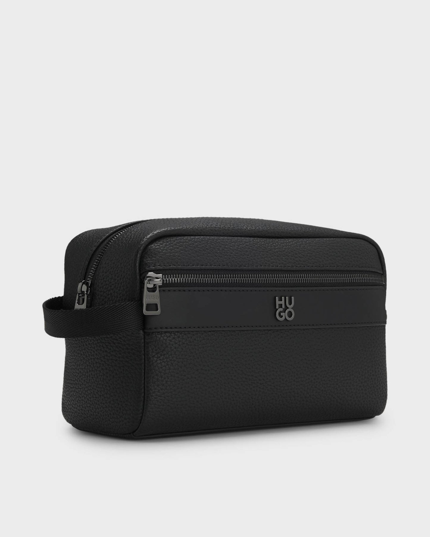 HUGO Quantic Mens Grained Faux Leather Washbag with Stacked-Logo- Black 001