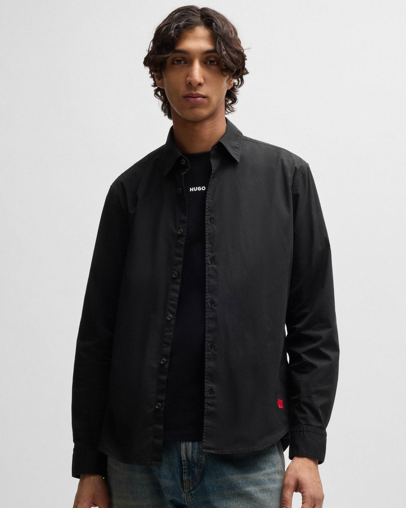 HUGO Ermo Mens Slim-Fit Shirt in Stretch-Cotton Canvas - Black 001  CHO