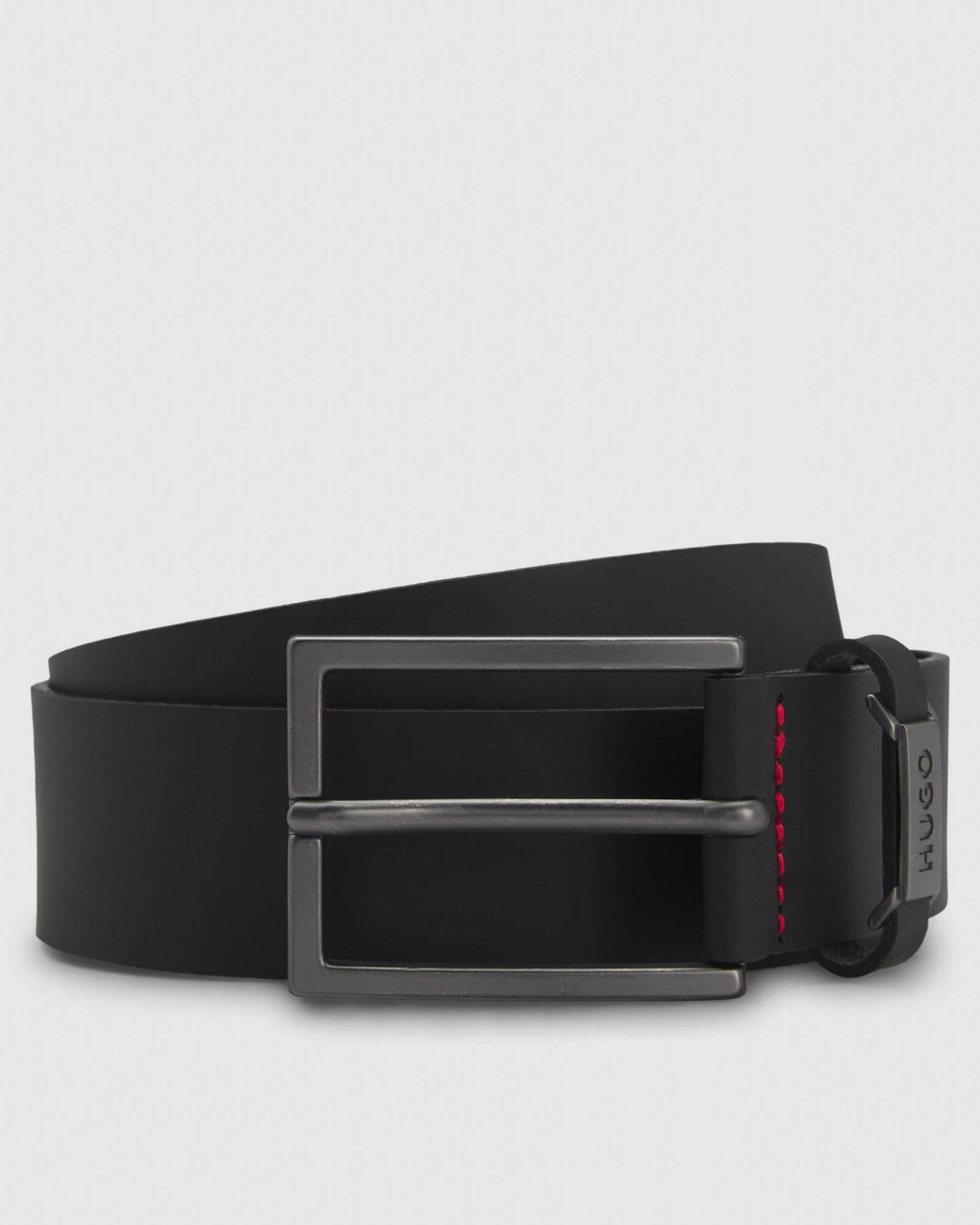 HUGO Gabriel Mens Buffalo-Leather Belt with Logo Keeper and Polished Hardware - Black 002