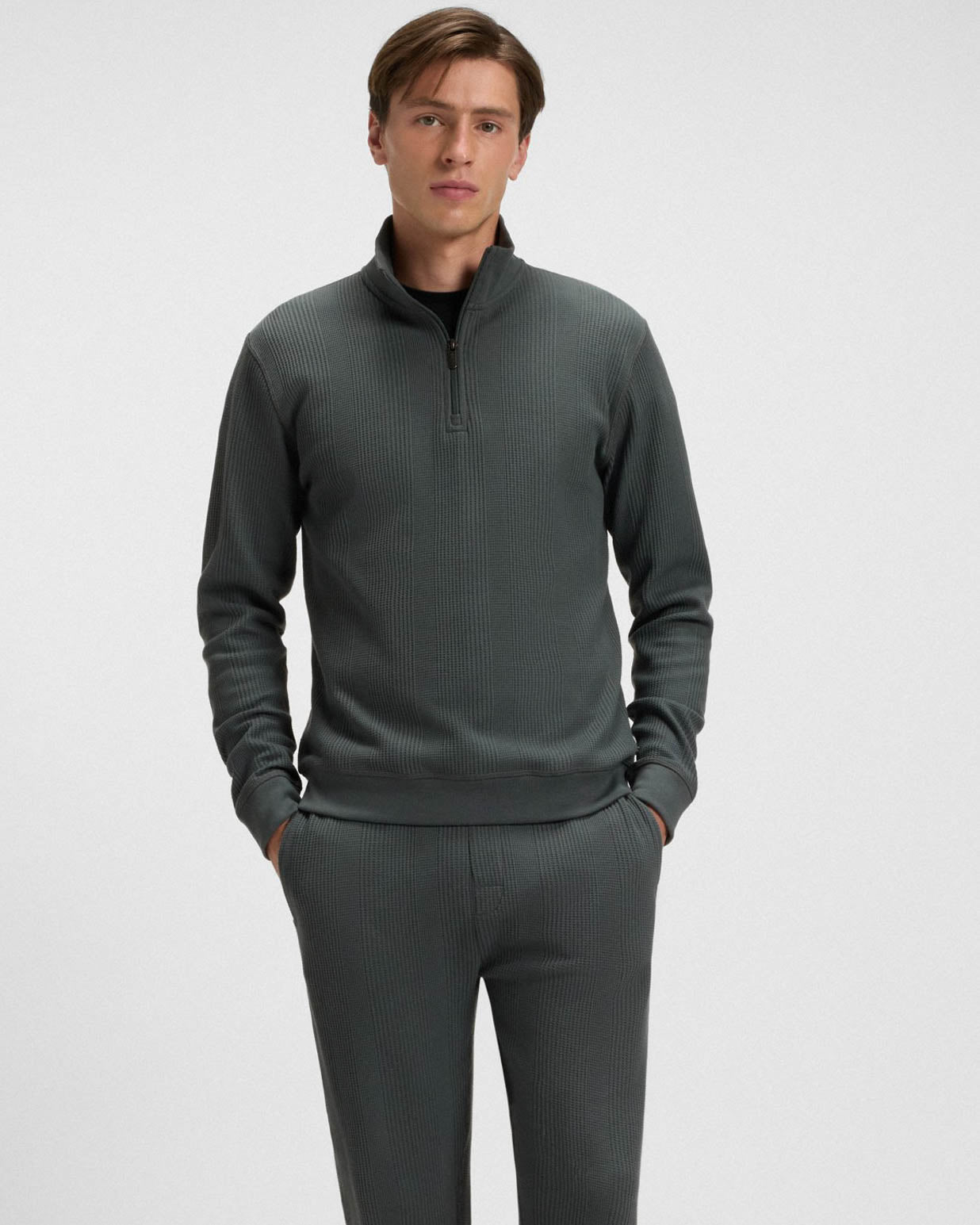 BOSS Orange Structure Mens 1/4 Zip Loungewear Top - Open Green 345