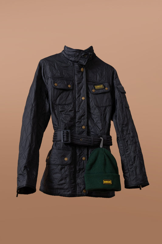 Barbour International quilted jacket and matching wool hat