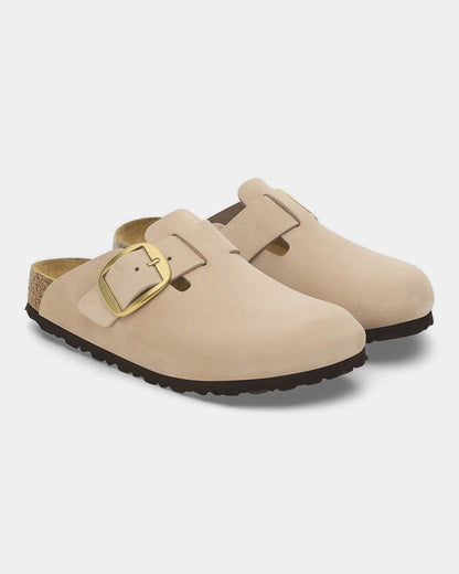 Birkenstock Boston Big Buckle Nubuck Leather Womens Clogs - Sandcastle