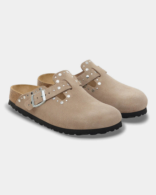 Birkenstock Boston Rivet Suede Leather Womens Clogs - Taupe | CHO | Designer Womens Clogs