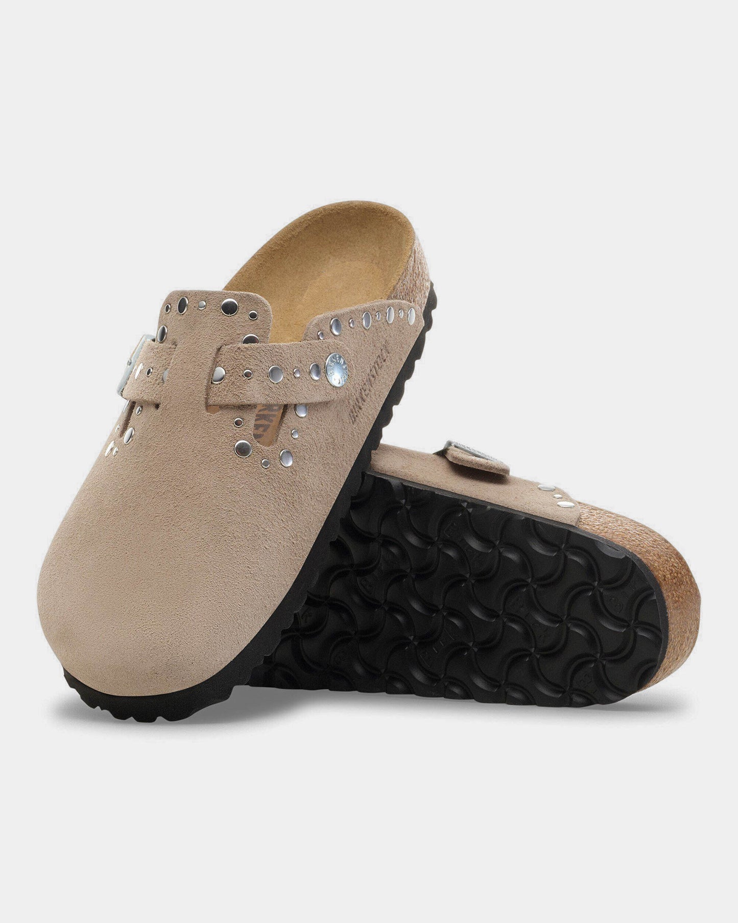 Birkenstock Boston Rivet Suede Leather Womens Clogs - Taupe | CHO | Designer Womens Clogs