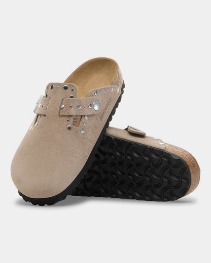 Birkenstock Boston Rivet Suede Leather Womens Clogs - Taupe | CHO | Designer Womens Clogs