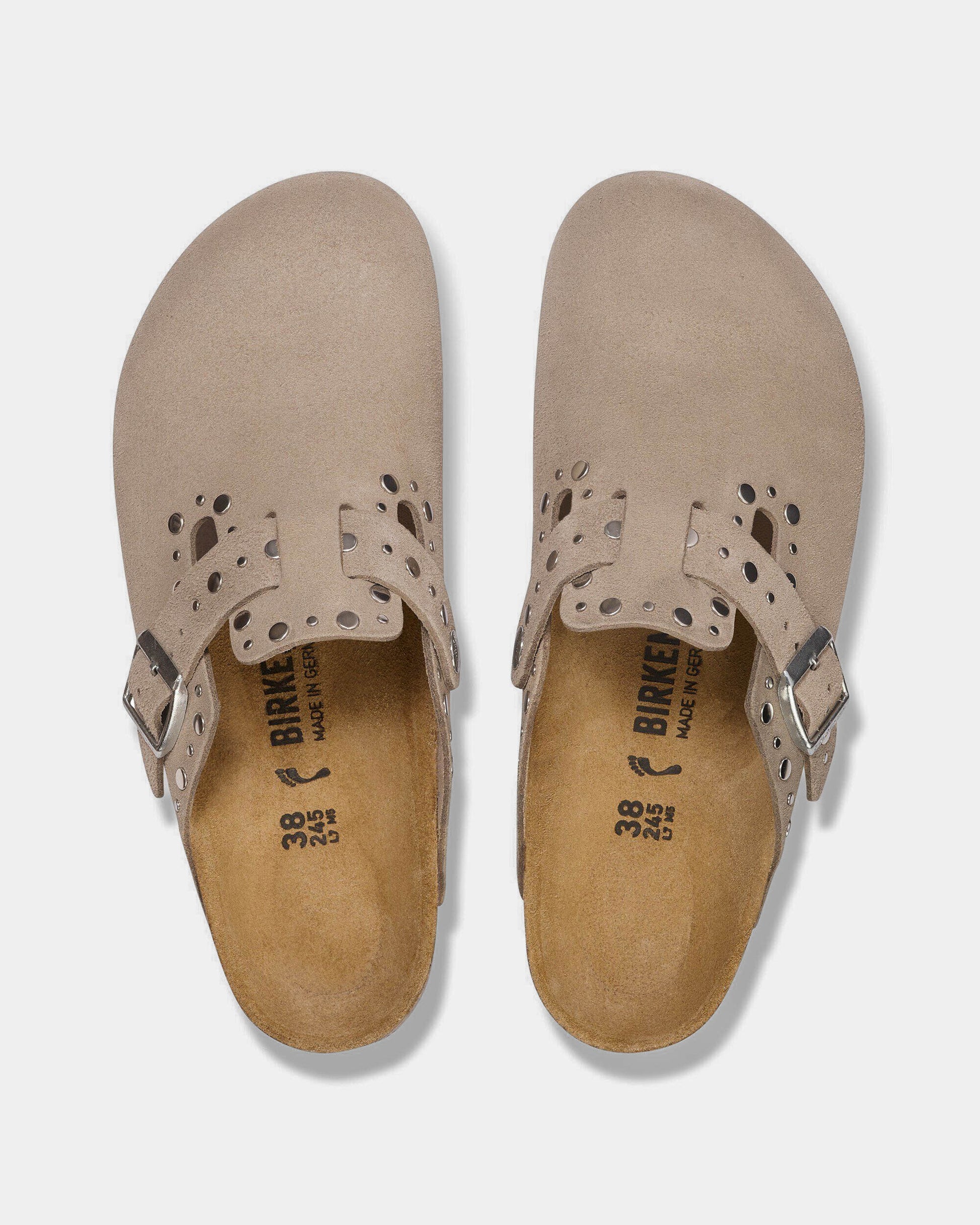 Birkenstock Boston Rivet Suede Leather Womens Clogs - Taupe | CHO | Designer Womens Clogs