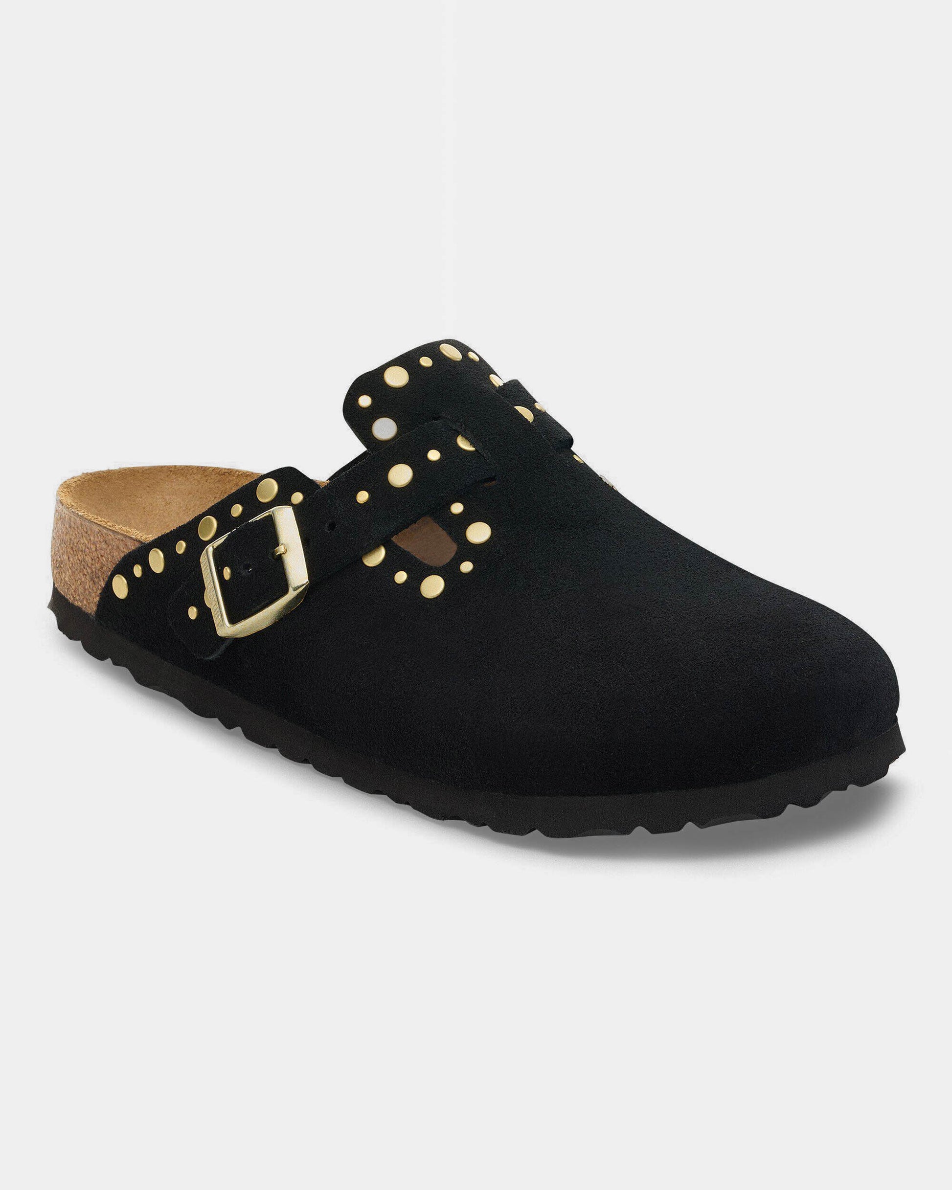 Birkenstock Boston Rivet Suede Leather Womens Clogs - Black | CHO | Designer Womens Clogs