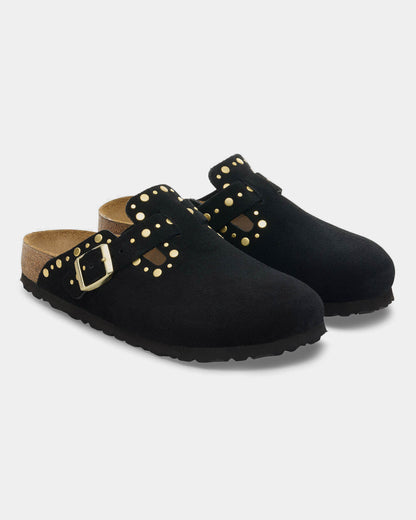 Birkenstock Boston Rivet Suede Leather Womens Clogs - Black | CHO | Designer Womens Clogs