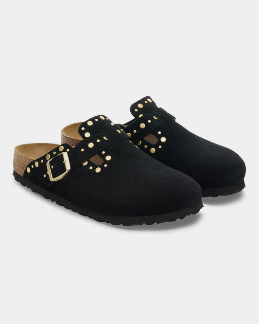 Birkenstock Boston Rivet Suede Leather Womens Clogs - Black | CHO | Designer Womens Clogs