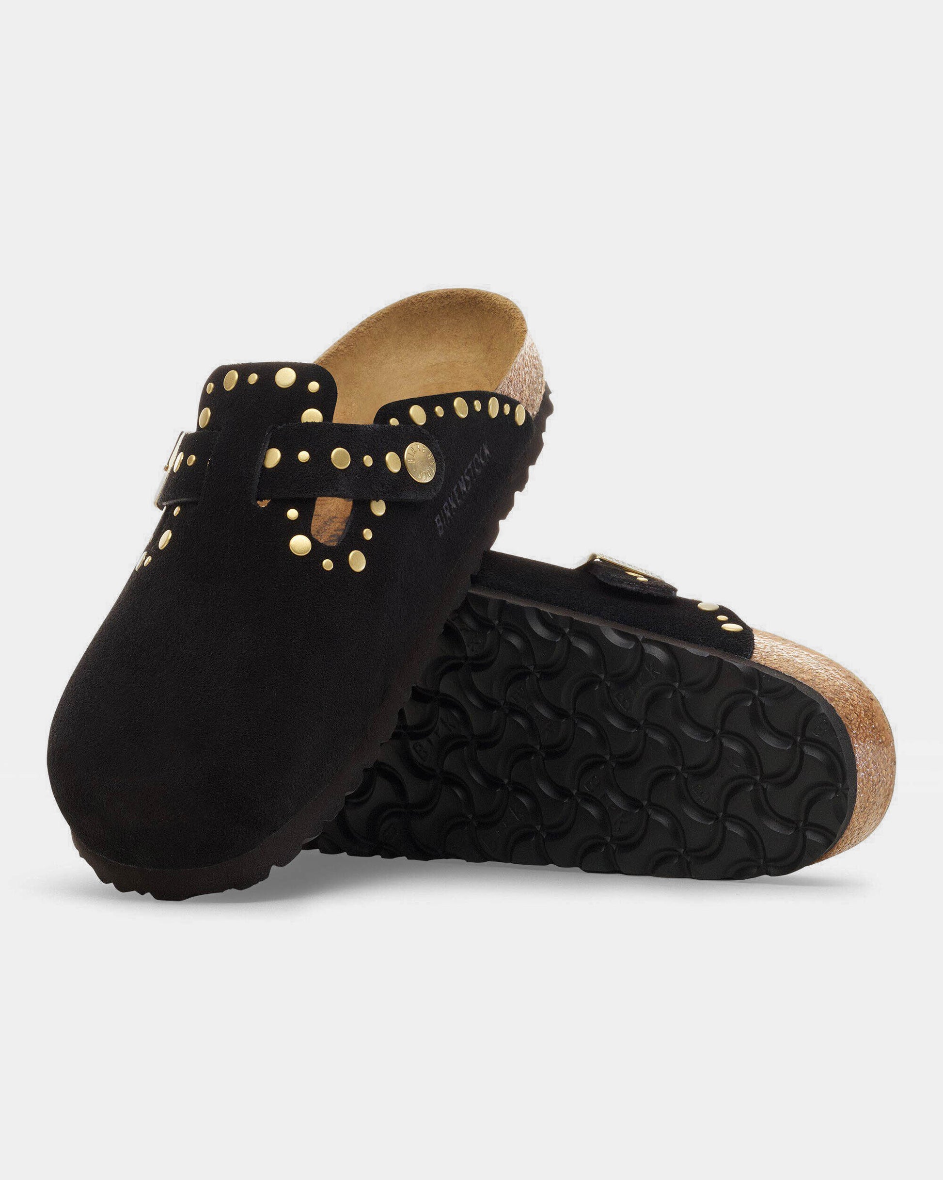 Birkenstock Boston Rivet Suede Leather Womens Clogs - Black | CHO | Designer Womens Clogs