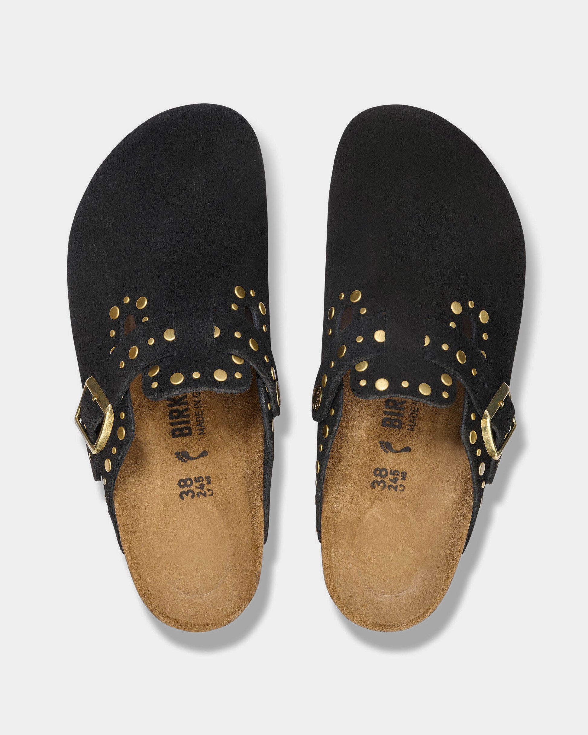 Birkenstock Boston Rivet Suede Leather Womens Clogs - Black | CHO | Designer Womens Clogs