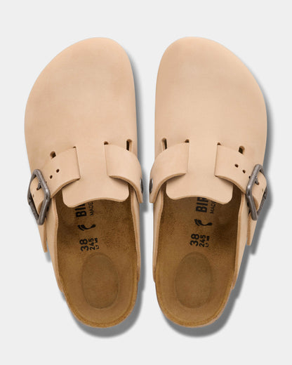 Birkenstock Boston Wire Buckle Nubuck Leather Womens Clogs - Sandcastle | CHO | Designer Womens Clogs