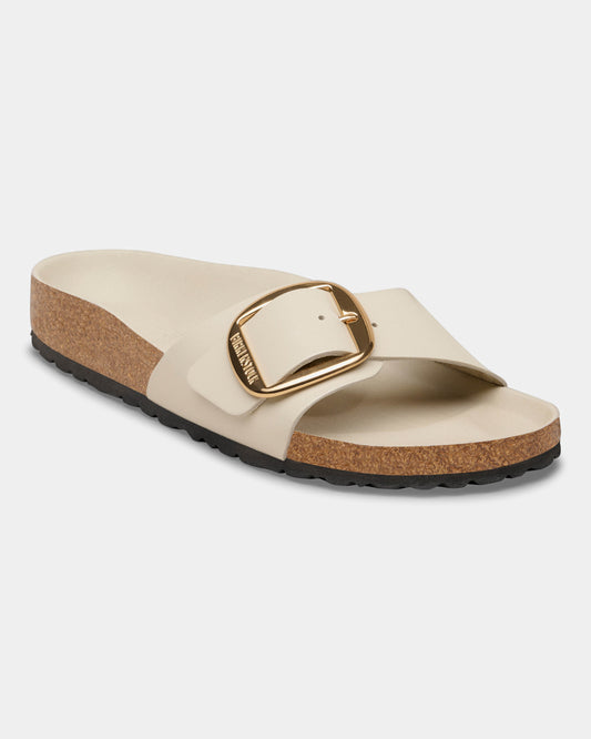 Birkenstock Madrid Big Buckle Natural Patent Leather Womens Sandals - High-Shine Oyster | CHO | Designer Womens Sandals