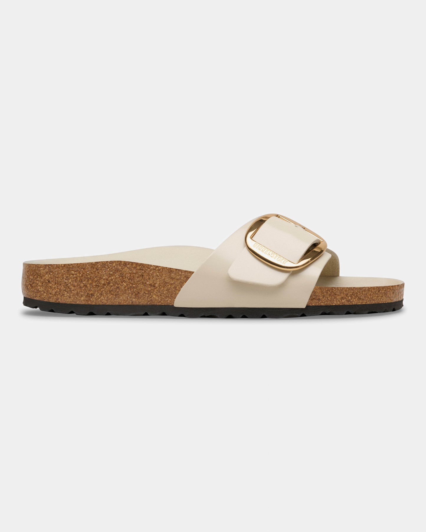 Birkenstock Madrid Big Buckle Natural Patent Leather Womens Sandals - High-Shine Oyster | CHO | Designer Womens Sandals
