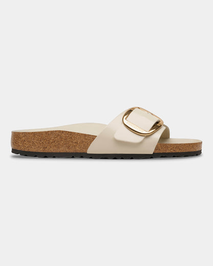 Birkenstock Madrid Big Buckle Natural Patent Leather Womens Sandals - High-Shine Oyster | CHO | Designer Womens Sandals