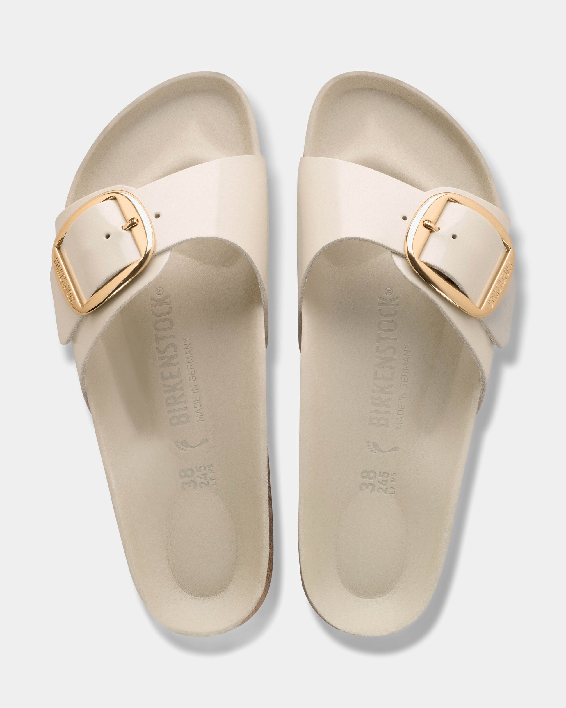 Birkenstock Madrid Big Buckle Natural Patent Leather Womens Sandals - High-Shine Oyster | CHO | Designer Womens Sandals