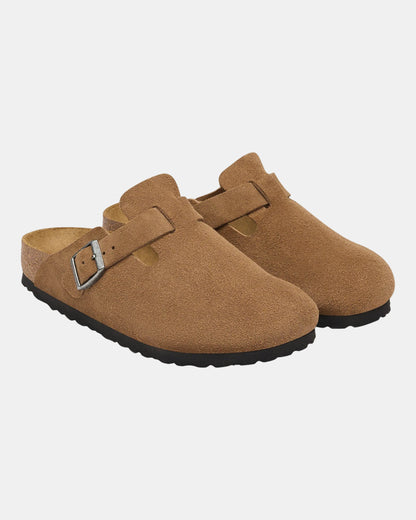 Birkenstock Boston Suede Leather Womens Clogs - Dark Tea. Front, pair.