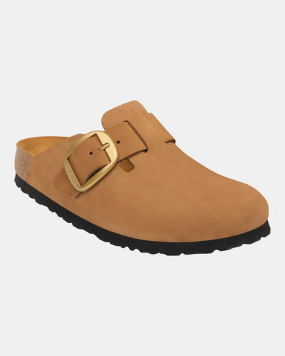 Birkenstock Boston Big Buckle Nubuck Leather Womens Clogs - Mink Tonal FB. Front