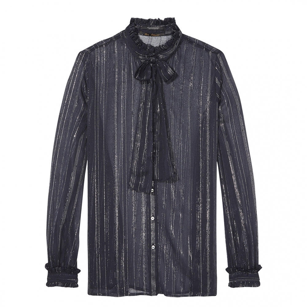 Maison Scotch Sheer Lurex Ruffle Neck Tie Womens Blouse