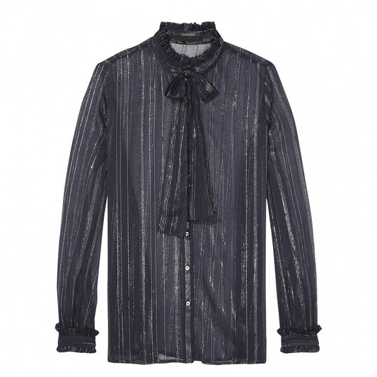 Maison Scotch Sheer Lurex Ruffle Neck Tie Womens Blouse