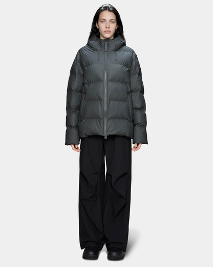 Rains Alta Unisex Puffer Jacket - 153 Dark Grey, full length woman