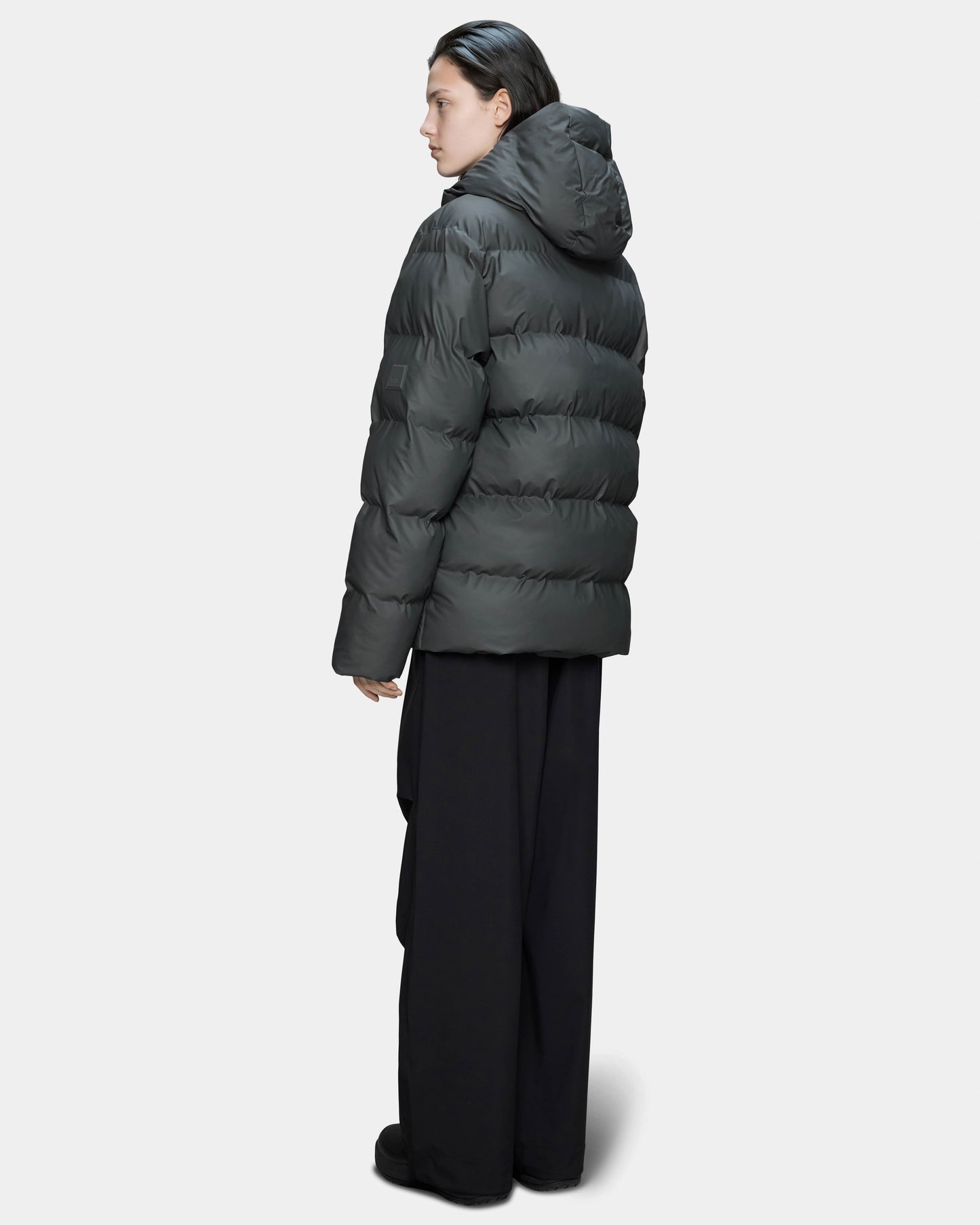 Rains Alta Unisex Puffer Jacket - 153 Dark Grey, full length woman back