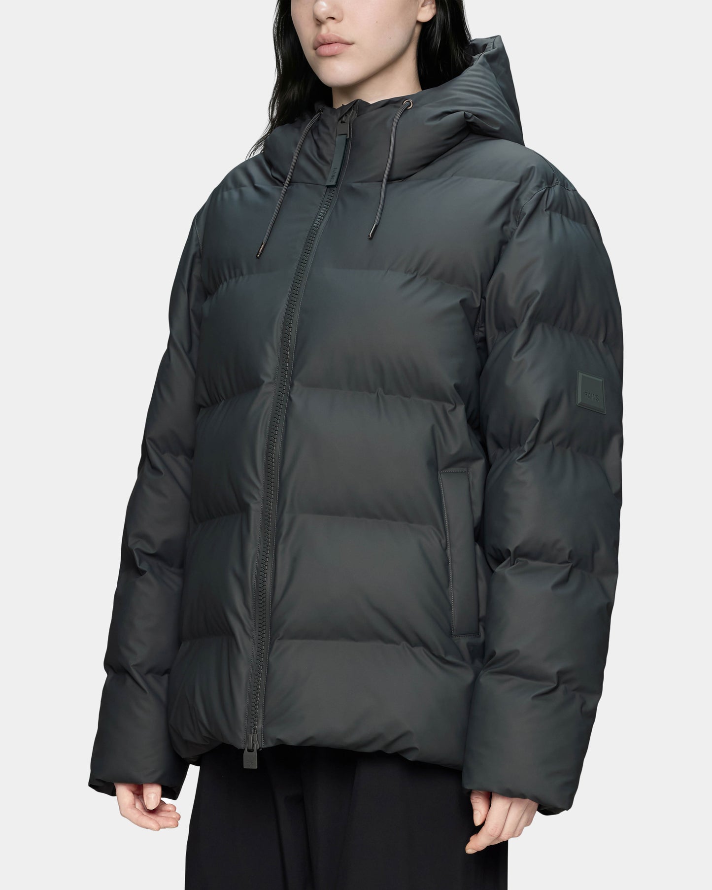 Rains Alta Unisex Puffer Jacket - 153 Dark Grey front, woman