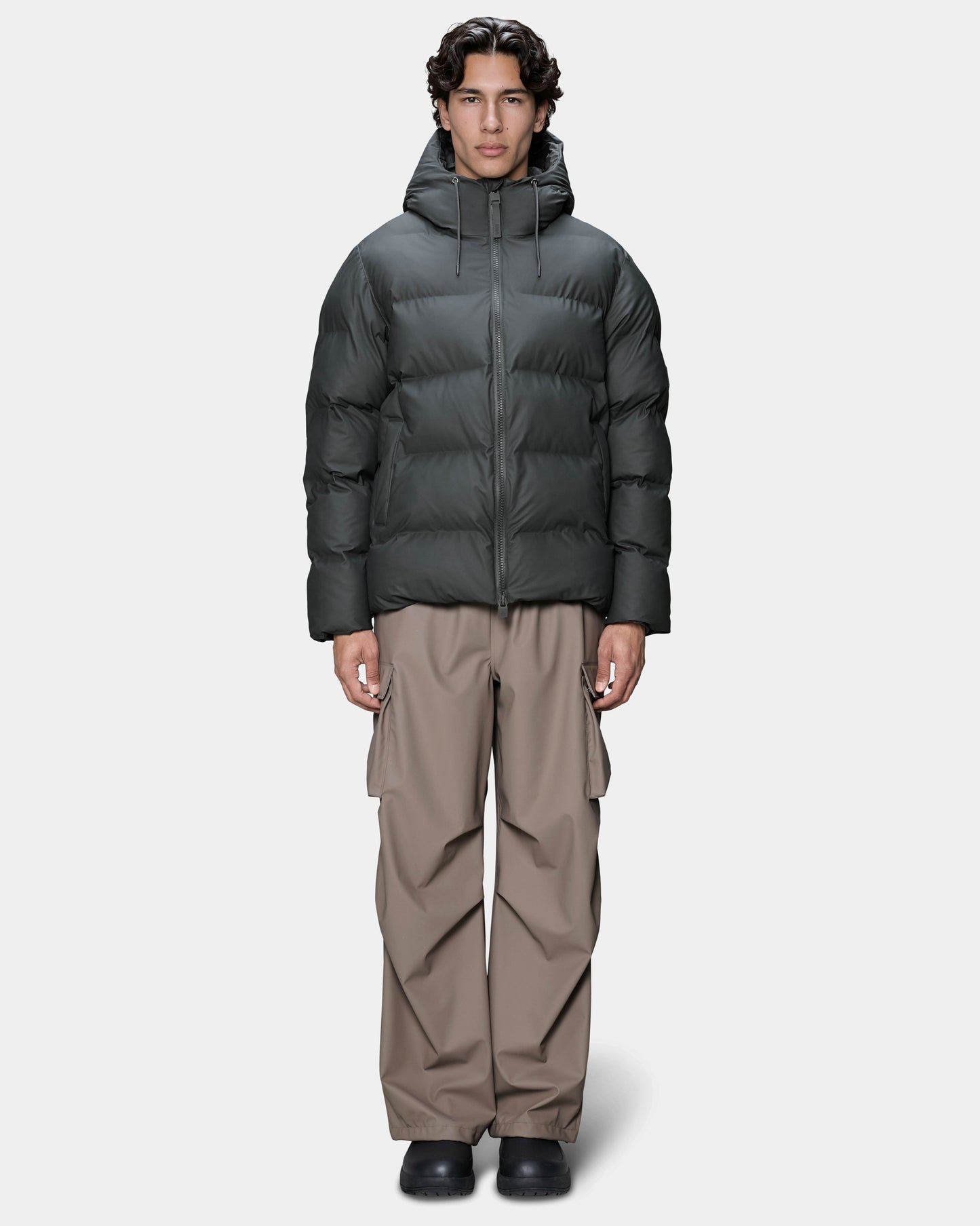 Rains Alta Unisex Puffer Jacket - 153 Dark Grey, full length man