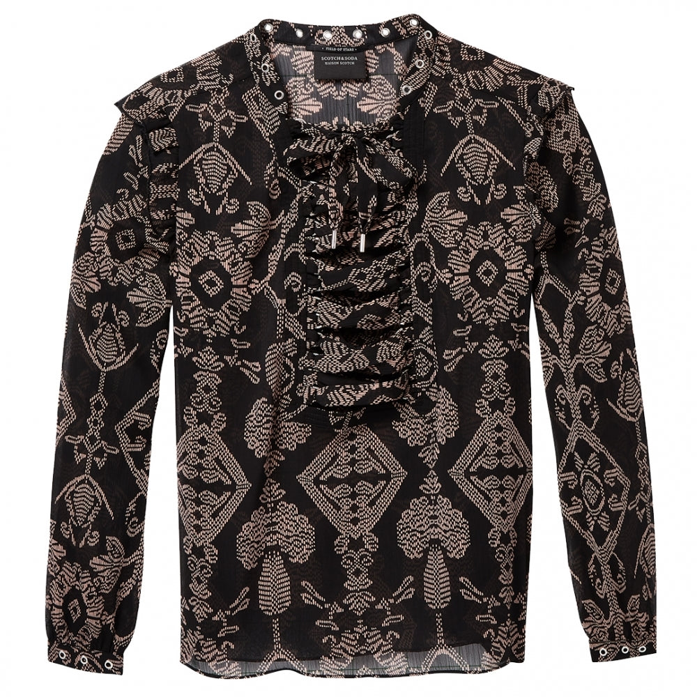 Maison Scotch Sheer Printed lace Up Eyelet Details Womens Top