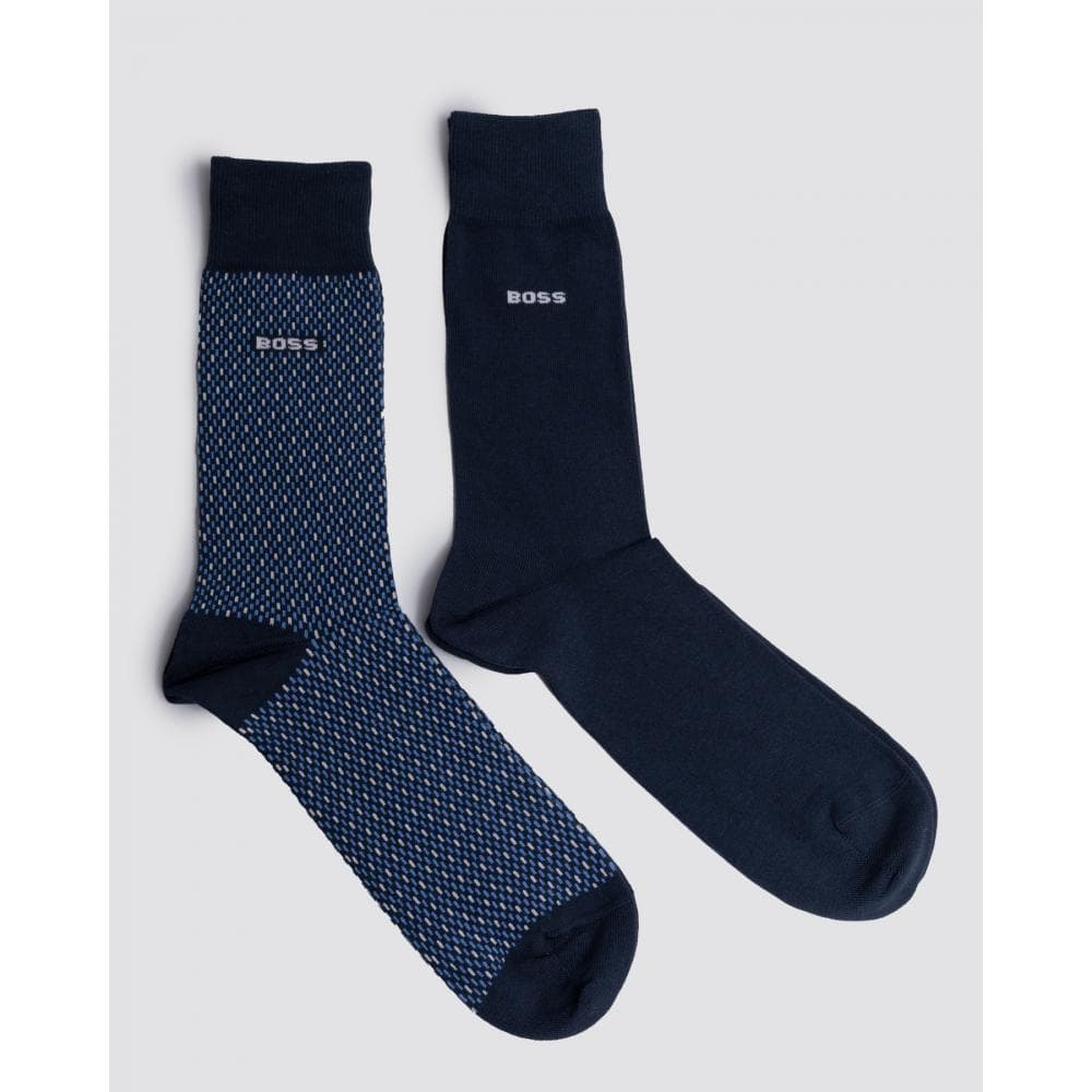 BOSS Orange 2-Pack Mens Regular Length Combed Cotton-Blend Minipattern Socks - Dark Blue 401