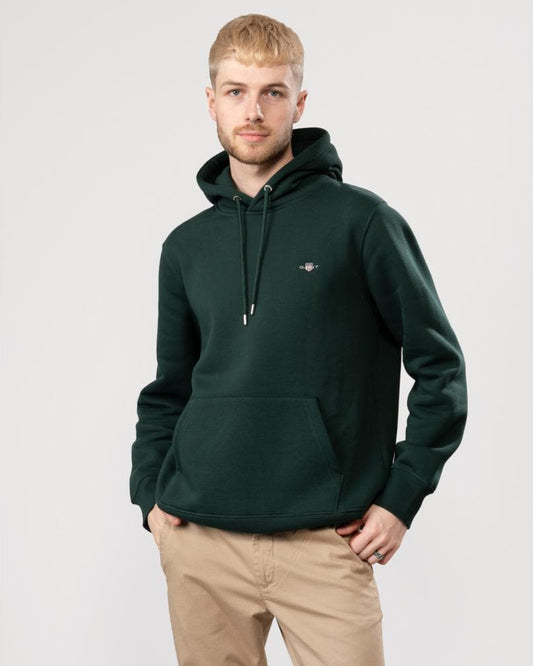 GANT Mens Regular Fit Shield Logo Pullover Hoodie - 374 Tartan Green - CHO - Designer Mens Hoodies