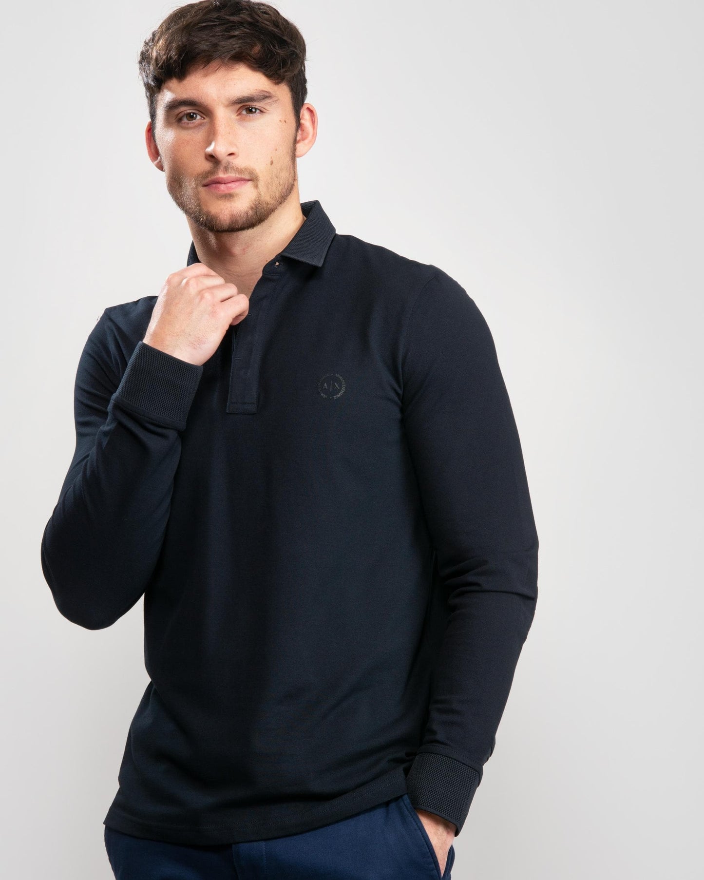Armani Exchange Mens Long Sleeve Micro Logo Polo Shirt