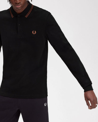 Fred Perry Mens Long Sleeve Twin Tipped Polo  Shirt - Black/Whiskey Brown U35