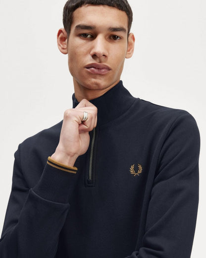 Fred Perry Mens Half Zip Sweatshirt - Navy/Dark Caramel R63