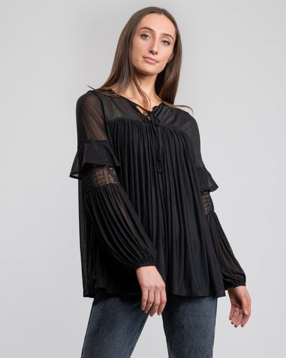 French Connection Zana Sheer Jersey Puff Sleeve Womens Blouse
