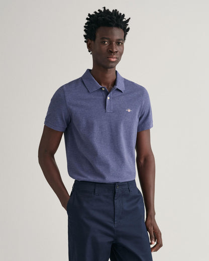 GANT Mens Slim Fit Short Sleeve Shield Logo Pique Polo - 902 Dark Jeansblue Melange
