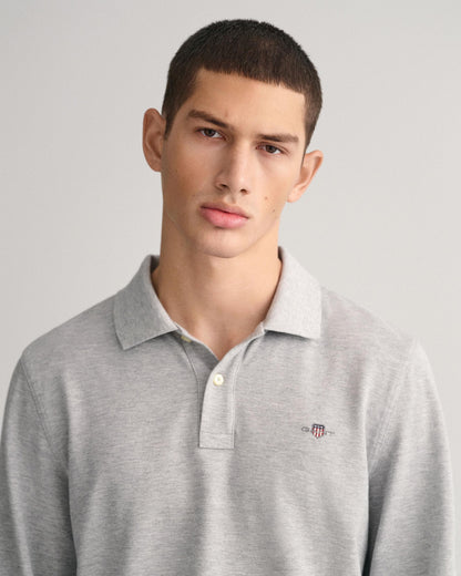 GANT Mens Regular Fit Long Sleeve Shield Logo Pique Rugger - 93 Grey Melange
