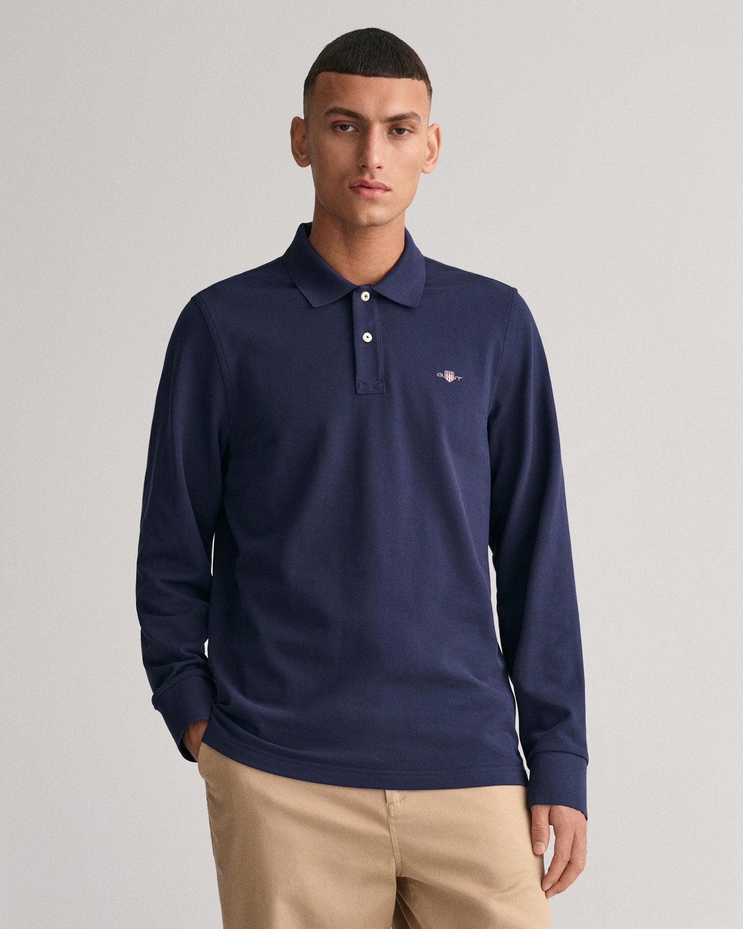 GANT Mens Regular Fit Long Sleeve Shield Logo Pique Rugger - 433 Evening Blue - CHO - Designer Mens Long Sleeve Polo Shirts